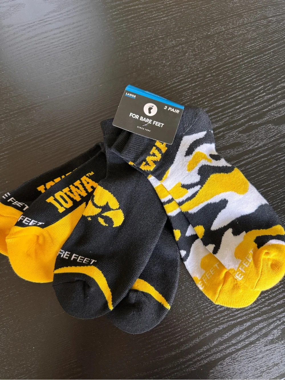 For Bare Feet Iowa Low-Cut Athletic Socks - Black, Gold & White (3-Pack)